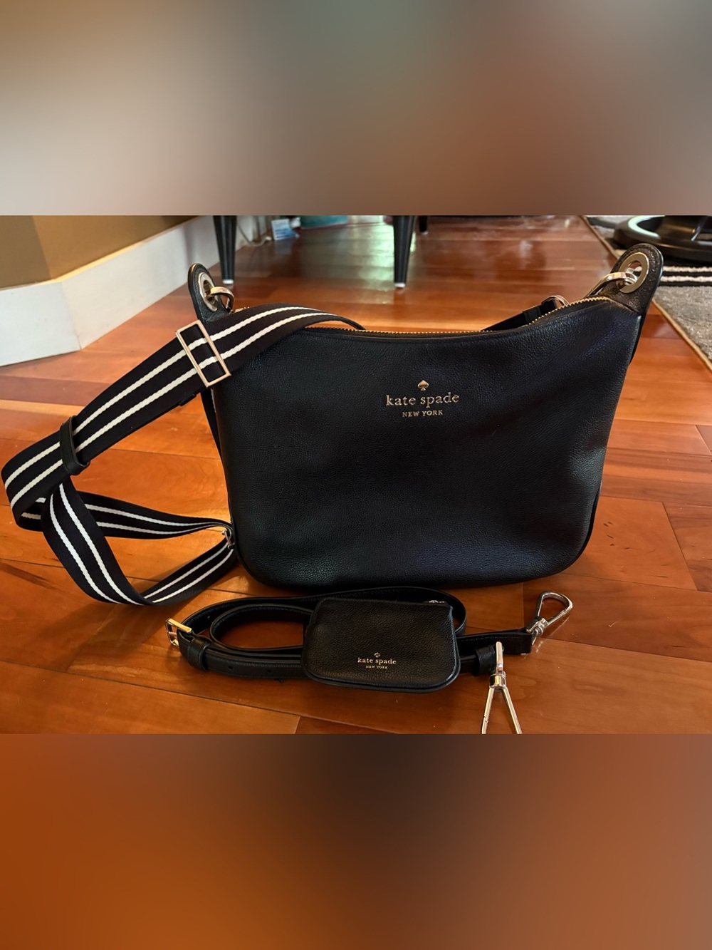 kate spade Black Leather Crossbody with Black & White Striped Strap